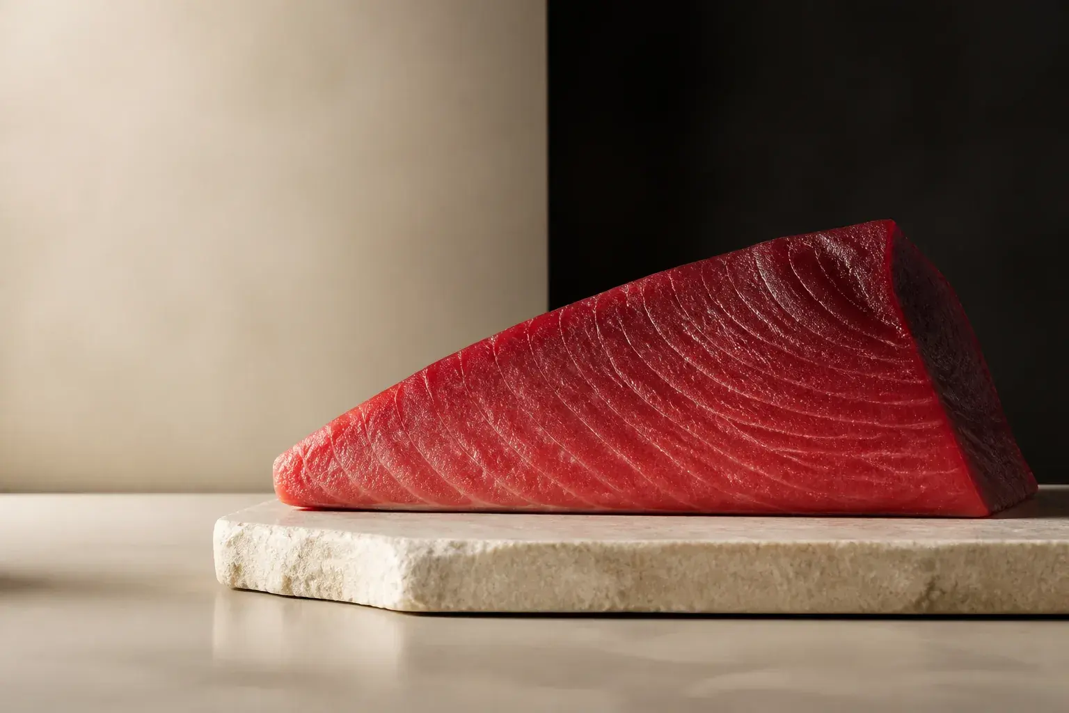 Editorial placeholder of a deep-red tuna loin on pale stone