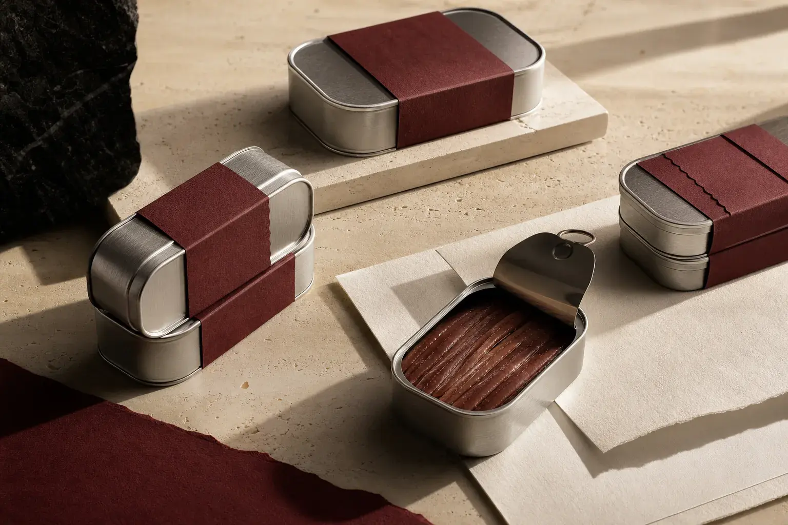 Editorial concept image of unbranded premium seafood tins