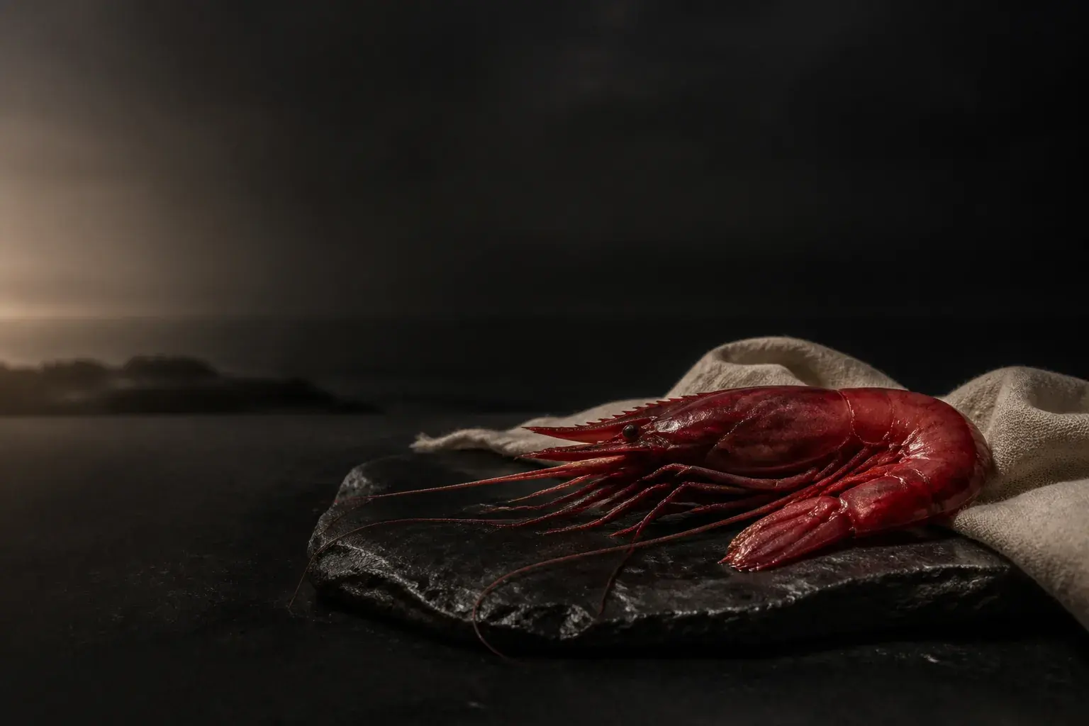 Editorial placeholder still life of a large scarlet prawn on dark stone