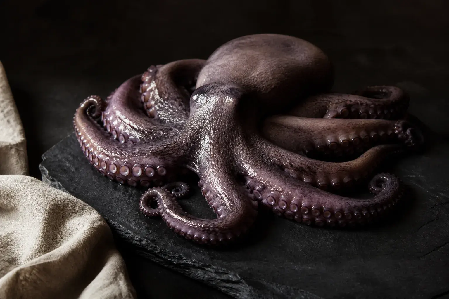 Editorial placeholder still life of whole octopus on dark slate
