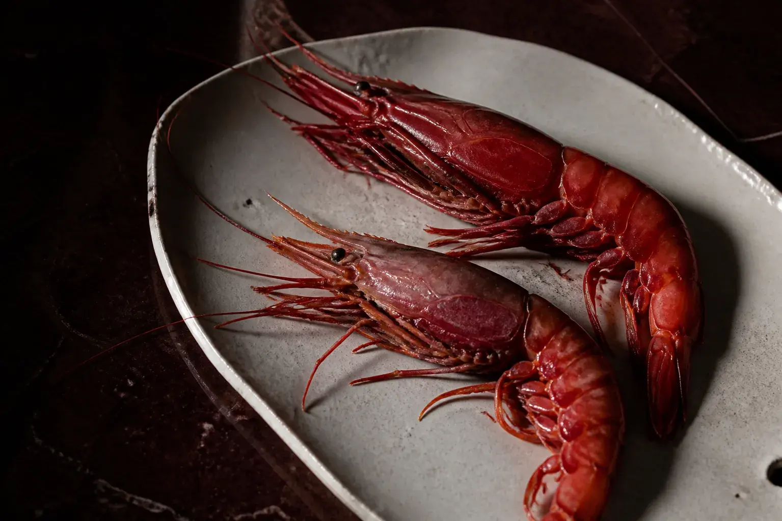 Editorial placeholder still life of red prawns on pale ceramic