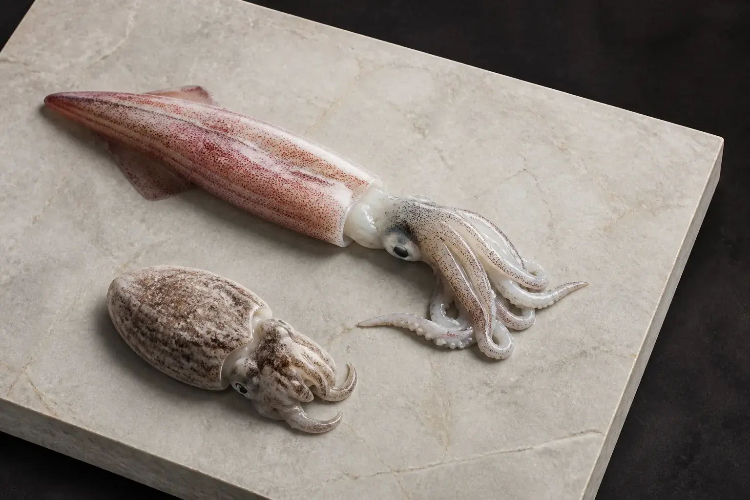 Editorial placeholder of squid and cuttlefish on warm stone