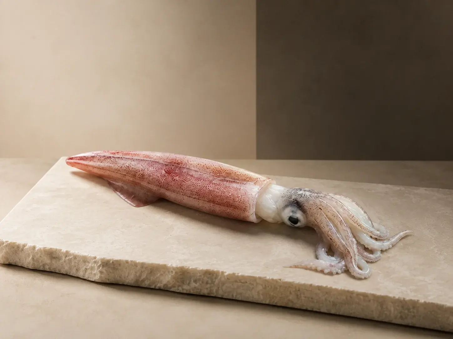 Illustrative image of a whole squid on pale stone