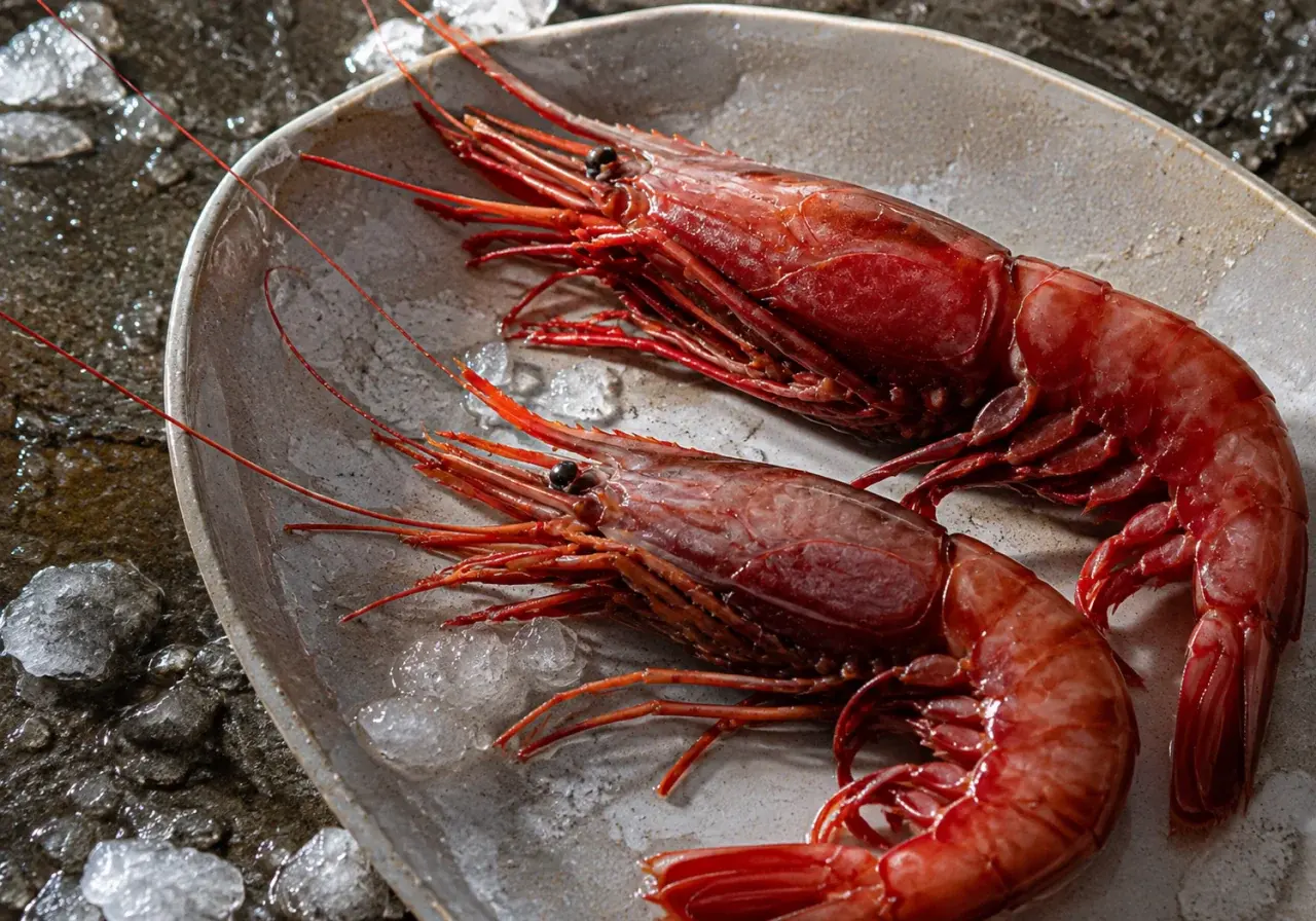 Illustrative image of two red prawns on a plate with ice