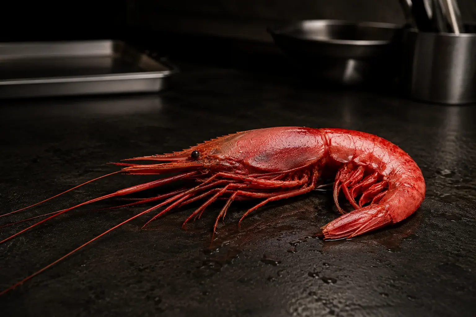 Illustrative image of a large scarlet prawn on dark stone